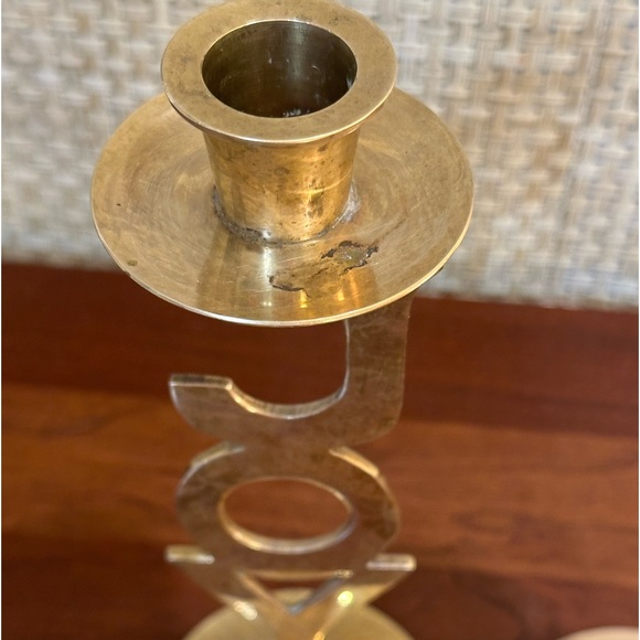 🎄🌟HP🌟VTG 1995 2 Handmade Solid Brass J-O-Y Candlestick Holders Int Silver - Picture 4 of 10